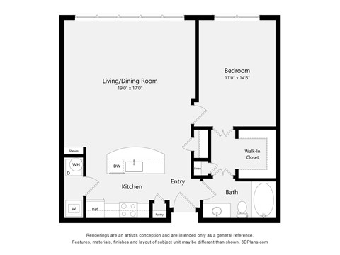 Floor plan for 1 bed, 1 bath, 861 sqft
